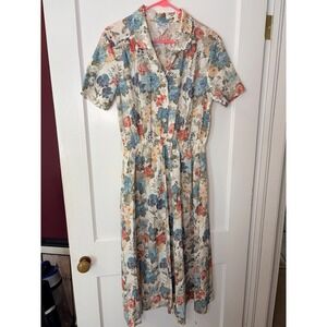 Stuart Alan Petites Vintage Floral Midi Dress Blue Coral Button Front Size 14P